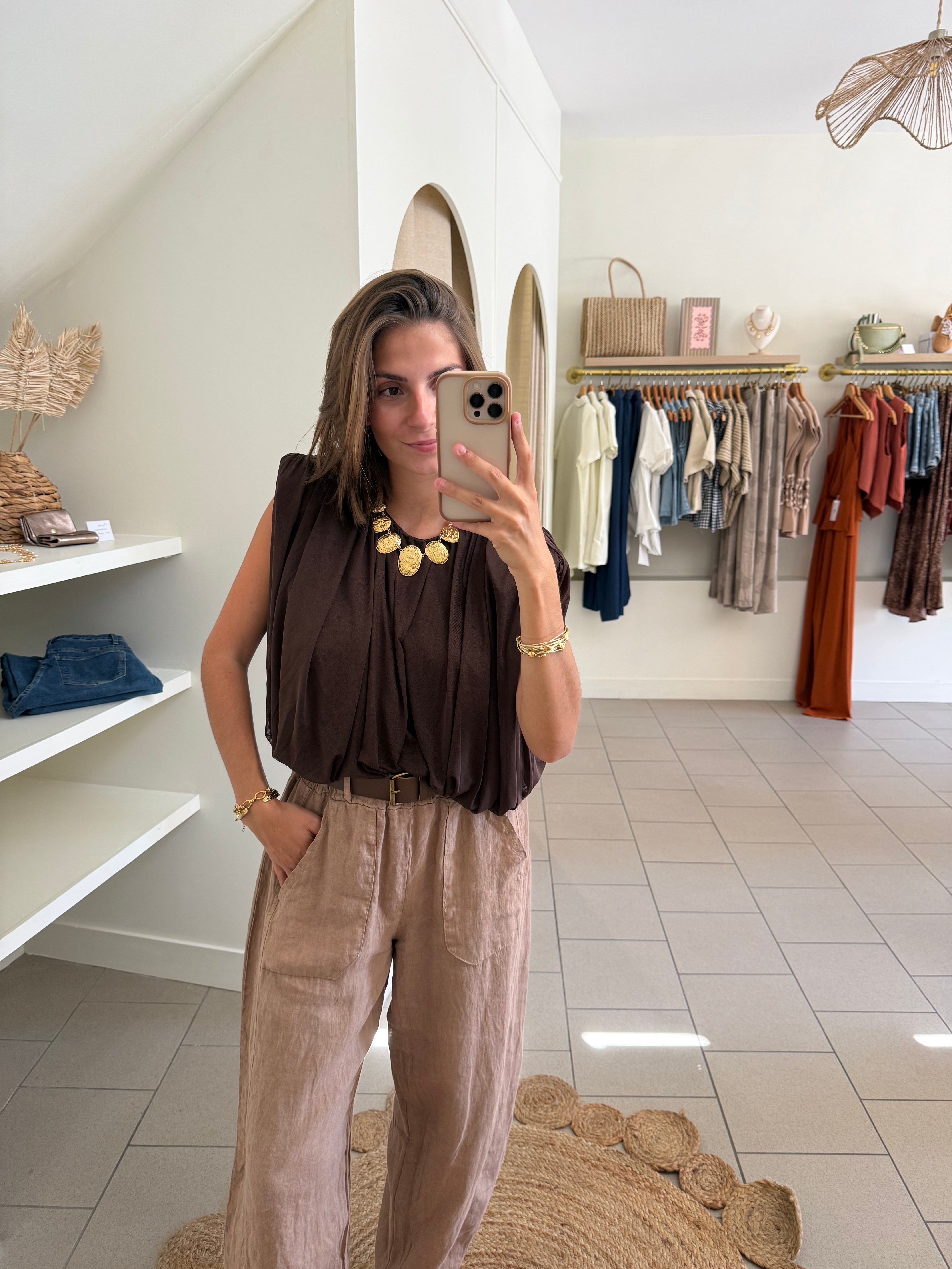 Blouse fluide à épaulettes – Chocolat