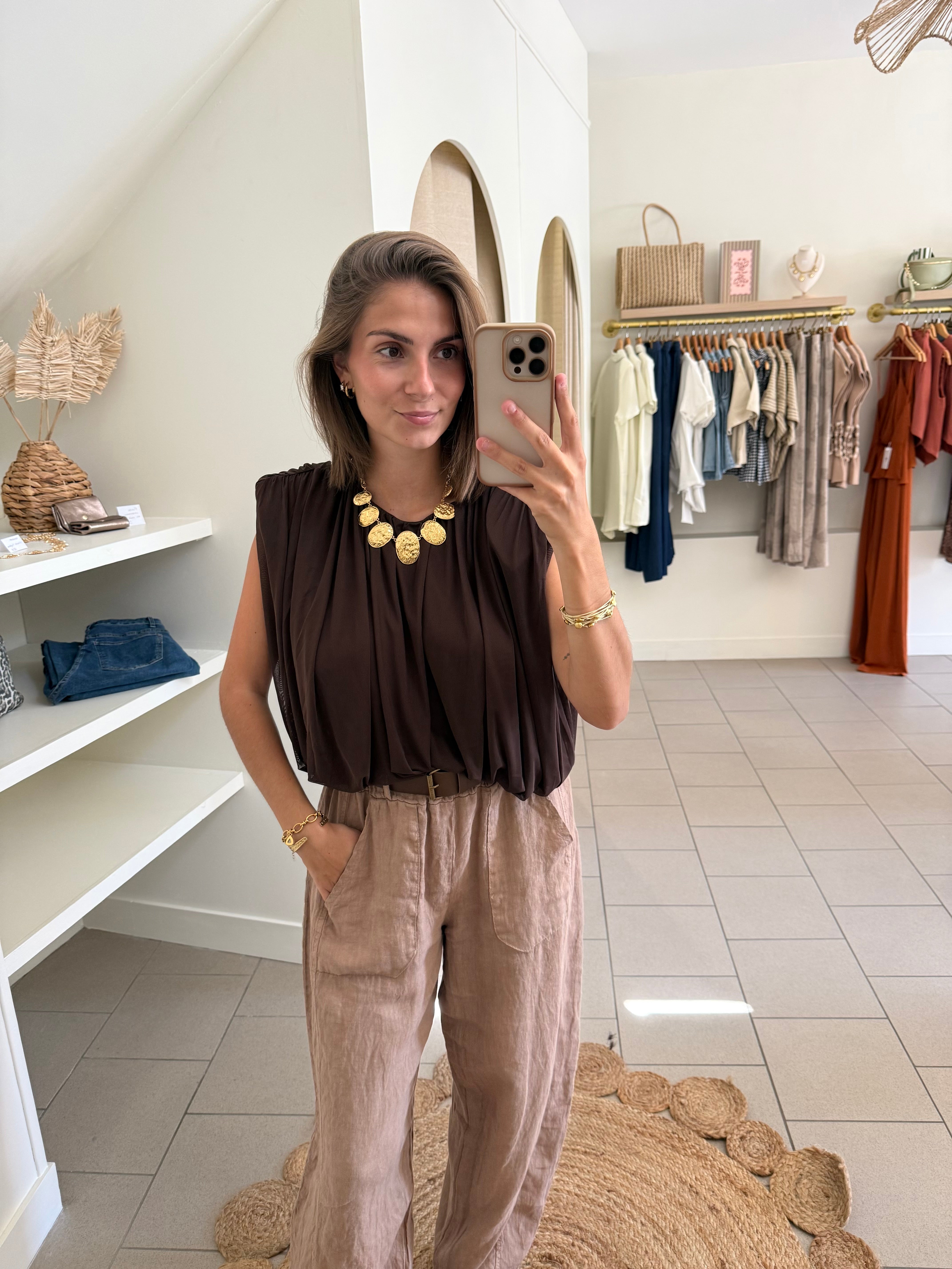 Blouse fluide à épaulettes – Chocolat