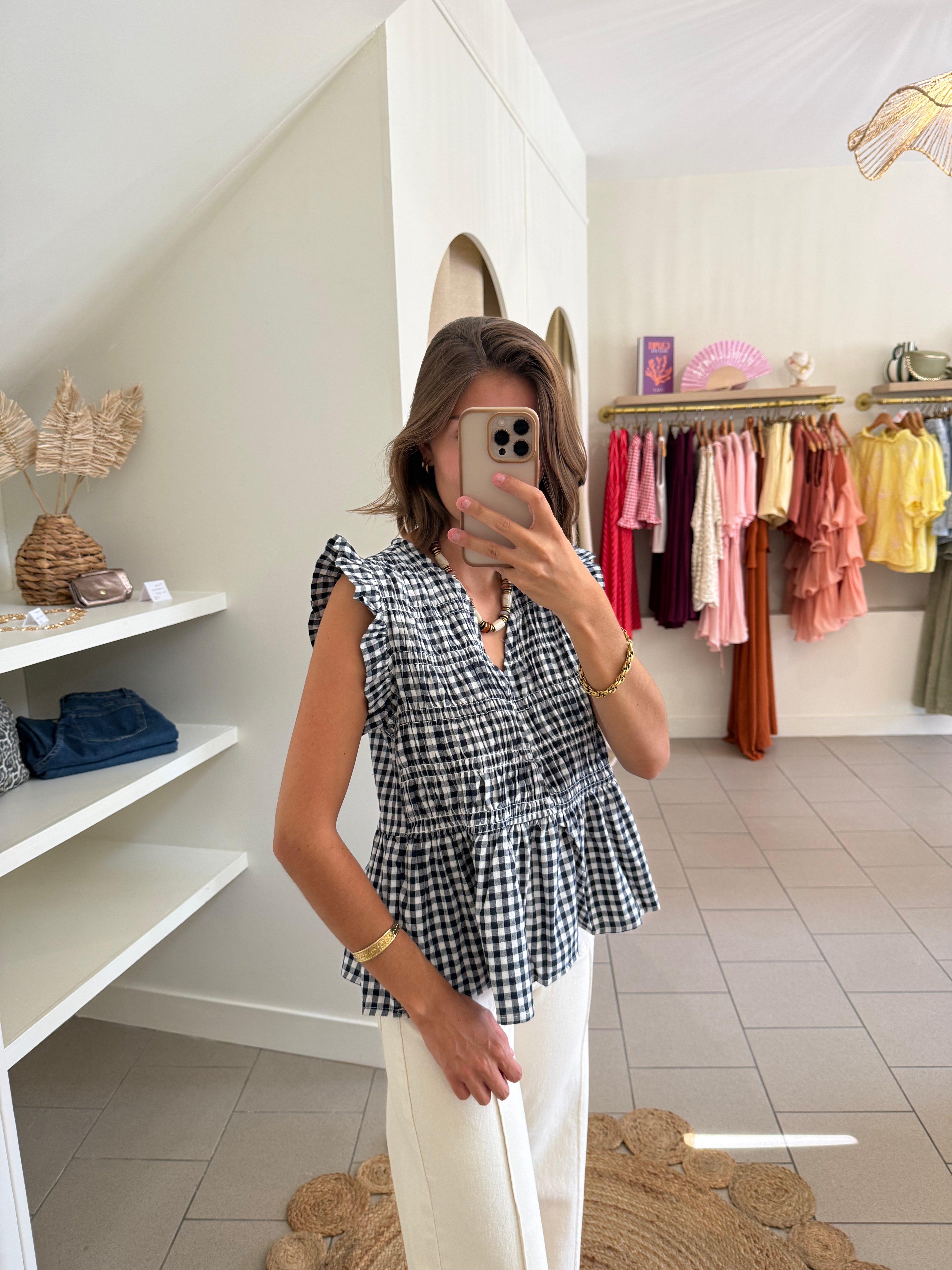 Blouse vichy à volants – Bleu & blanc