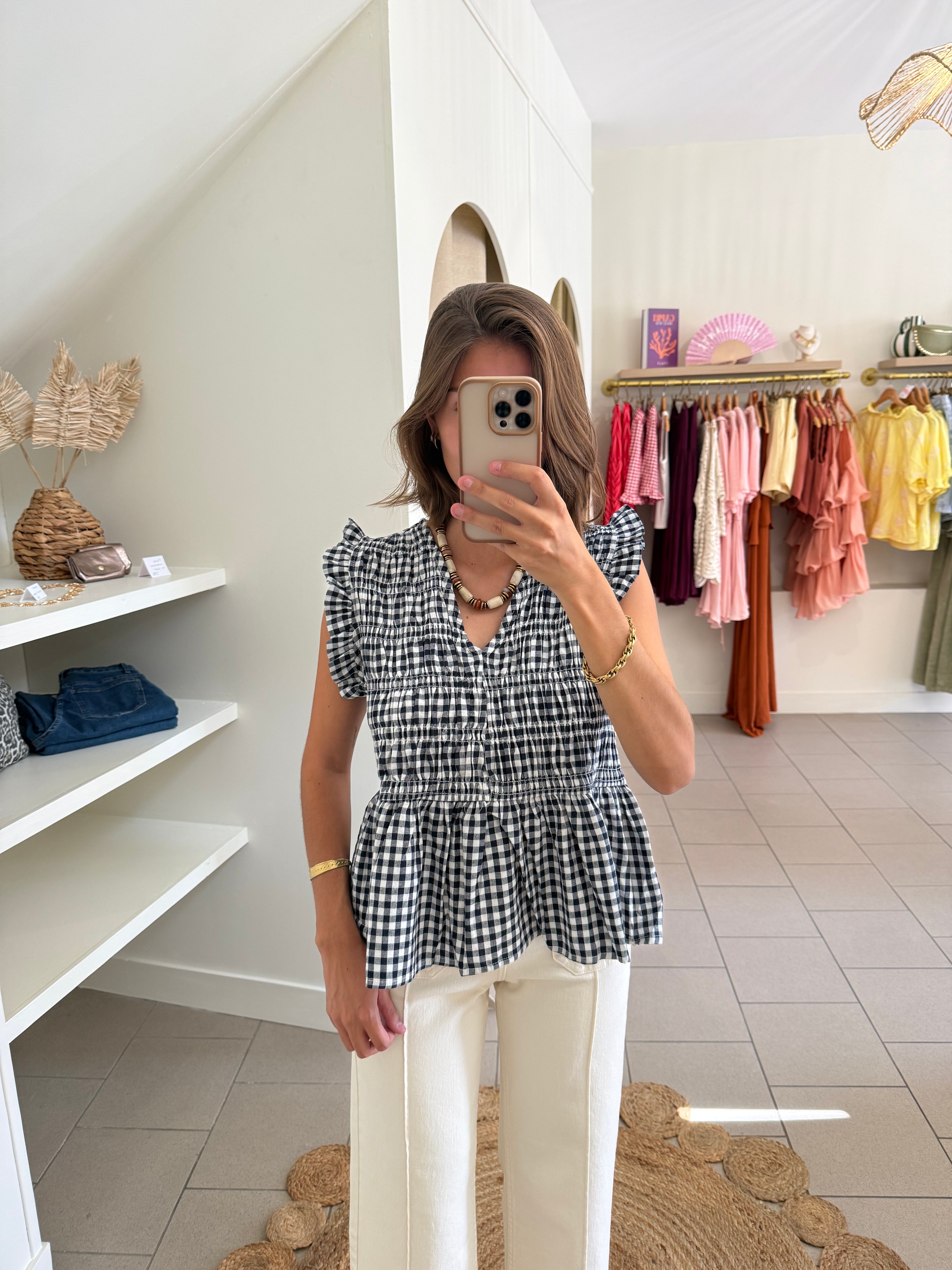 Blouse vichy à volants – Bleu & blanc